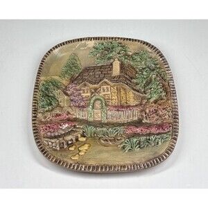 Vntg 3-D English Hanging Wall Art Chalkware Plates Scene Cottage Cabin Country
